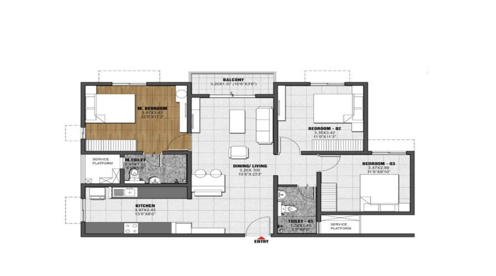 3 BHK 2TSBA: 971 ft2 Rooms: 3 Baths: 2